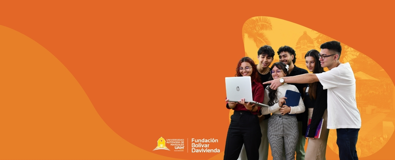 grupo de estudiantes leyendo sobre las becas Fundación Bolívar Davivienda-UAM