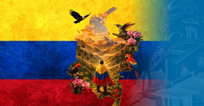 Bandera de Colombia con mapa de colombia donde se ven las montañas sus aves flora y una persona cubierta con la bandera