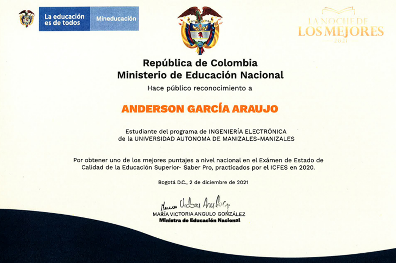 Reconocimiento a Anderson García Araujo, graduado de Ingeniería Electrónica de la Universidad Autónoma de Manizales