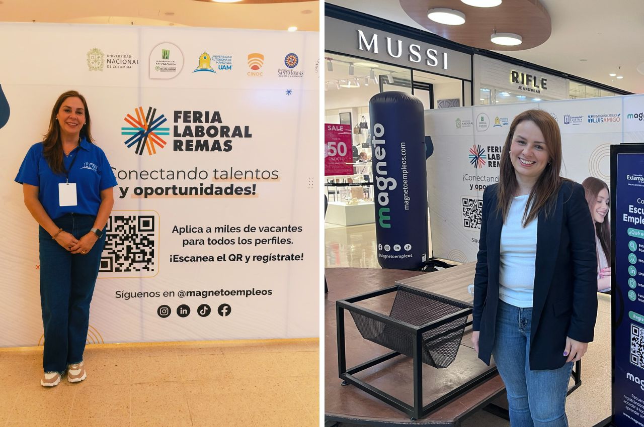 Ángela de la Roche, de la UAM, y Adriana Afanador, de Magneto, participaron de la Feria Laboral REMAS.