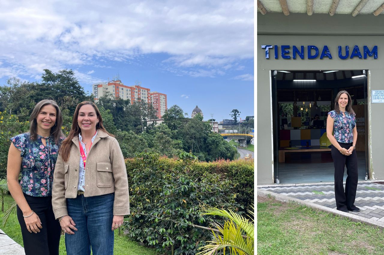 La graduada UAM, Cristina Mejía Ocampo, recorre la Universidad Autónoma de Manizales, junto con la Coordinadora de la Unidad de Graduados, Ángela María de la Rocha Cadavid.