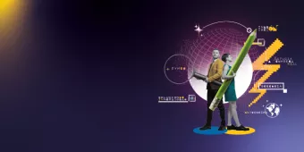 Hombre con una lupa en la mano y mujer con un lapiz con un mundo globalizado donde dan Solucione innovadoras en temas de networking