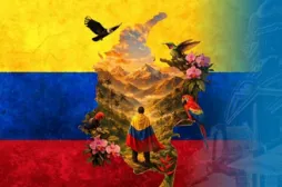 Bandera de Colombia con mapa de colombia donde se ven las montañas sus aves flora y una persona cubierta con la bandera