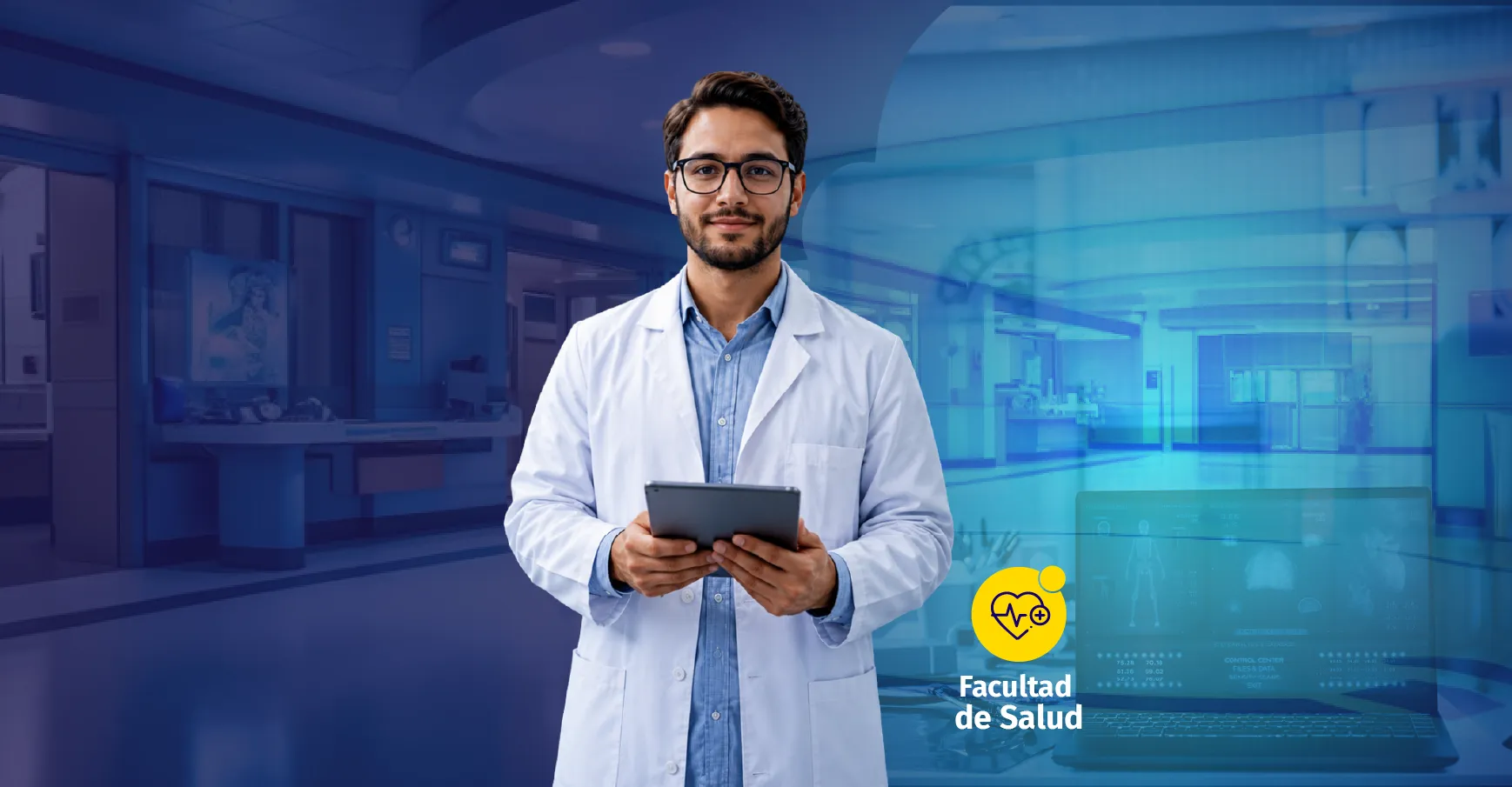 Hombre con bata medica y ipad en la mano en espacio clínico
