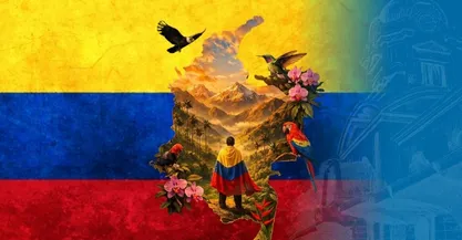 Bandera de Colombia con mapa de colombia donde se ven las montañas sus aves flora y una persona cubierta con la bandera