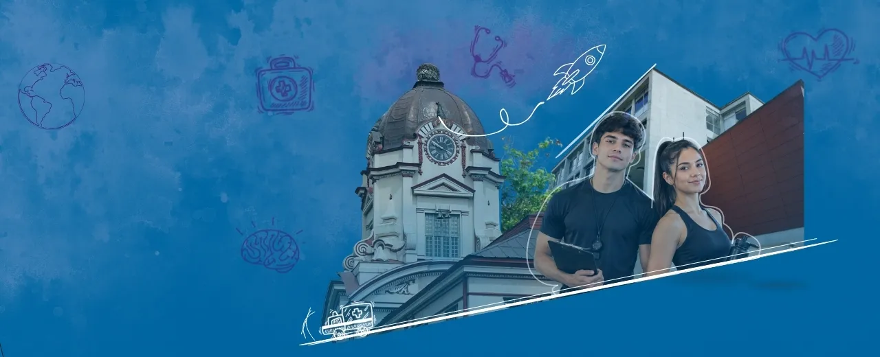 Imagen de la cúpula y el Edificio Fundadores con dos estudiantes