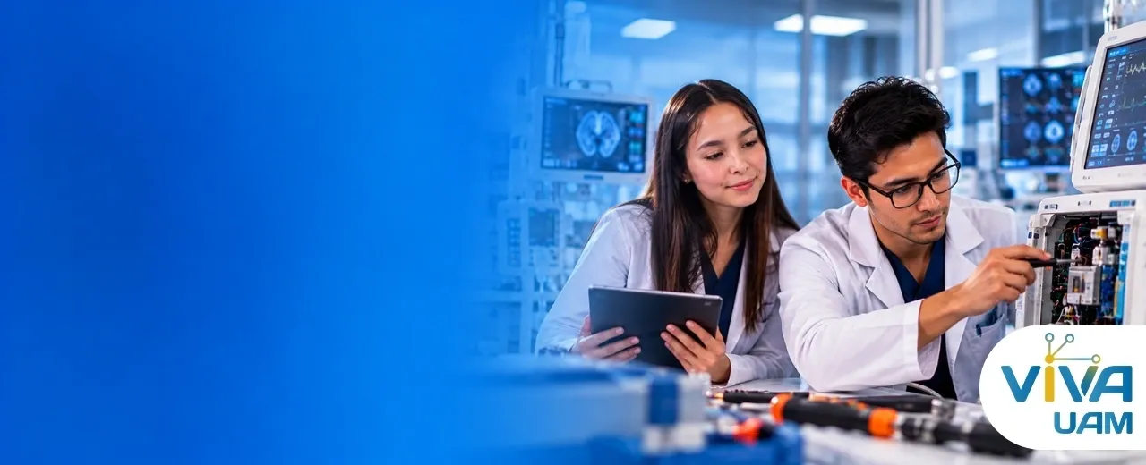 Mujer y hombre en laboratorio revisando aparatos clinicos
